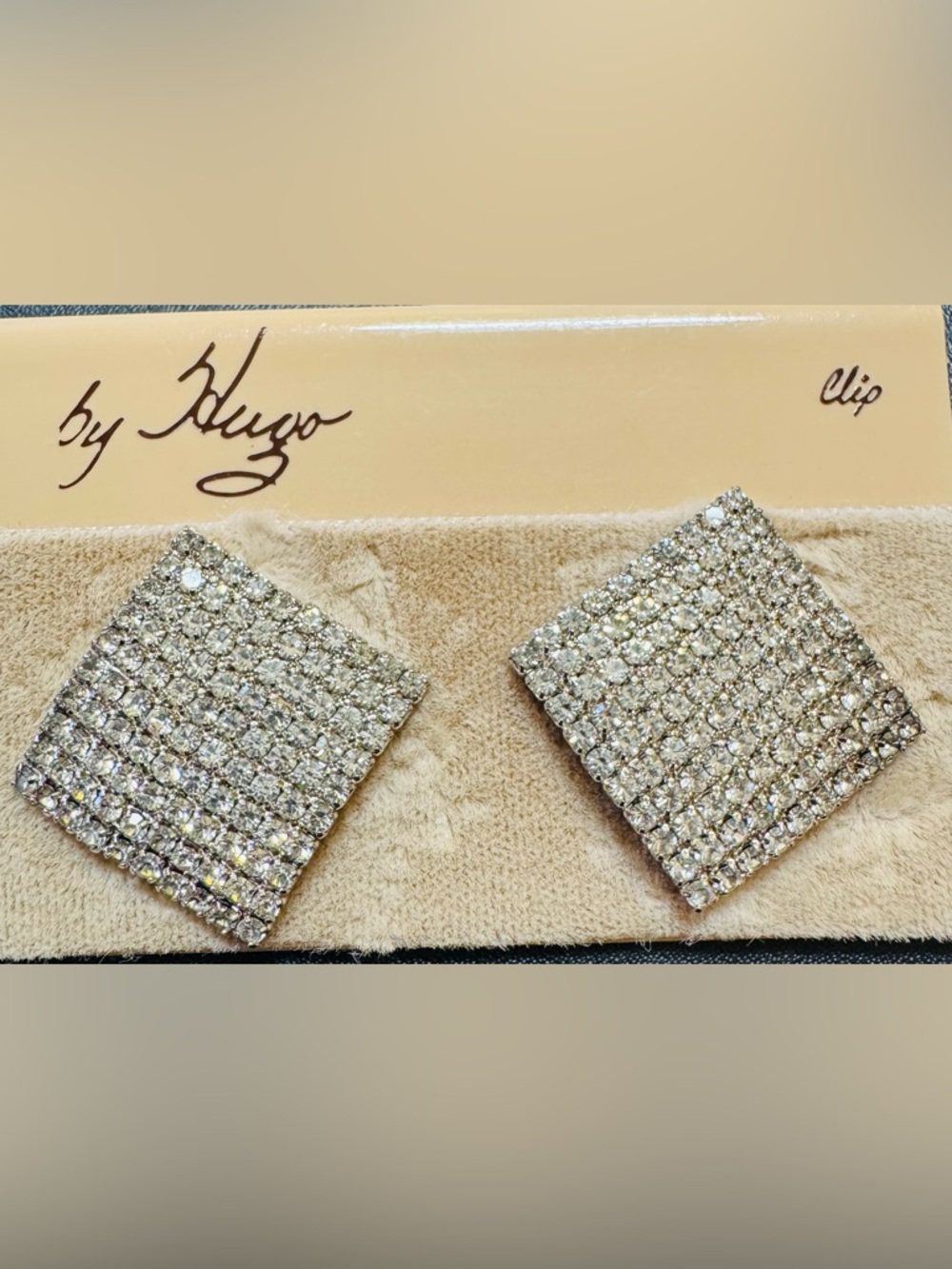 HUGO Silver-Tone Pave Square Clip Earrings - NOS